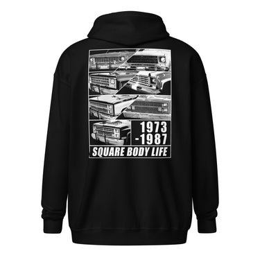 Square Body truck zip up hoodie in black - back view
